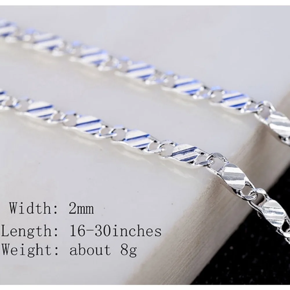 NEW Solid Unisex‎ Flat Mariner White Gold Plated S925 Chain Necklace, 20”
